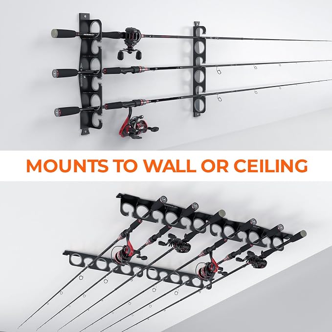 KastKing SafeGuard Fishing Rod Holder for Garage, Wall or Ceiling Mounted Fishing Rod Rack Storage Organizer, Fishing Pole Holder Holds 12 Rods or Combos in Less Than 36 Inches
