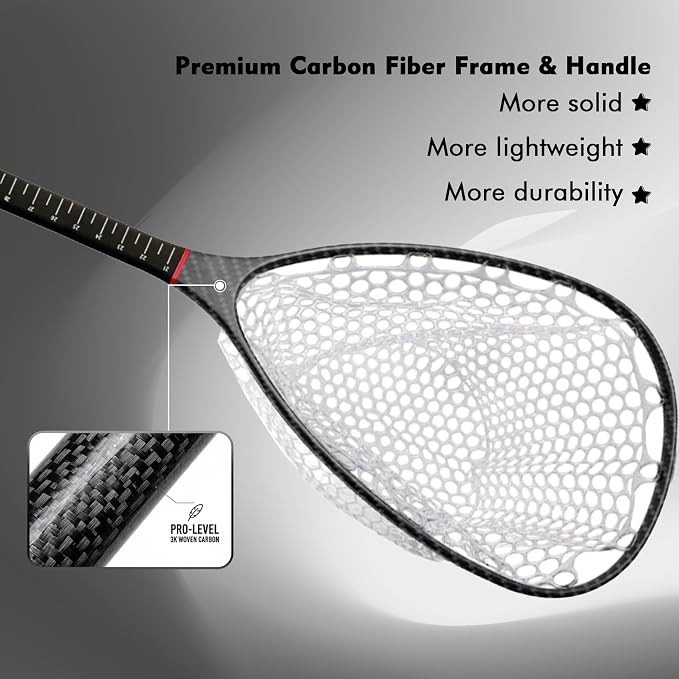Riverruns Fly Fishing Landing Net Carbon Fiber Trout Net with Measurement Handle, Soft Rubber Mesh - 26" Standard (Wading) / 37" Long (Kayak)