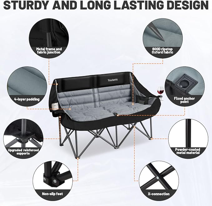 Youtanic Oversized Extra Large Double Padded Camping Chair up to 660lbs, Folding Loveseat Camp Couch with Pocket, Carry Bag, Portable Camping Chairs for Adults, Fishing, Sports, Trip, Black