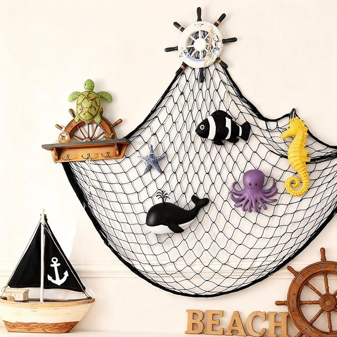 Decorative Fishing Net 80x40 Inch, Patioland 2 Pack Large Black Picture Fish Net, Wall Photo Hanging Fishnet for Nautical Mermaid Pirate Ocean Themed Hawaii Beach Under The Sea Party Decorations