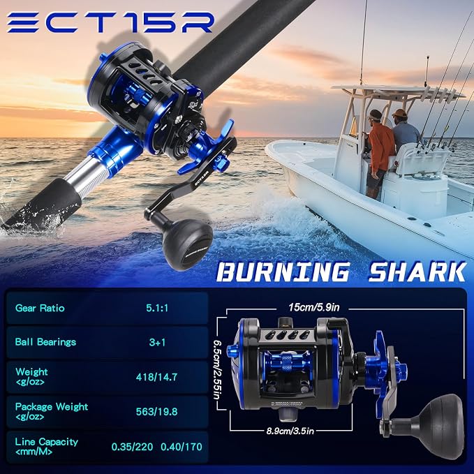 Burning Shark Baitcasting Fishing Reel, Smooth Powerful Round Baitcaster Reel, Saltwater Inshore Surf Trolling Reel, Conventional Reel for Catfish, Musky, Bass, Pike