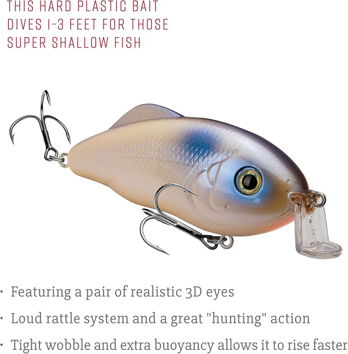 Strike King Hybrid Hunter Shallow Jr. Fishing Lure, Shallow Diving Crankbait, 90-Degree Bill, 3D Eyes, Loud Rattle, Dives 1 to 3-Feet,Size 4 & 6 Treble Hooks