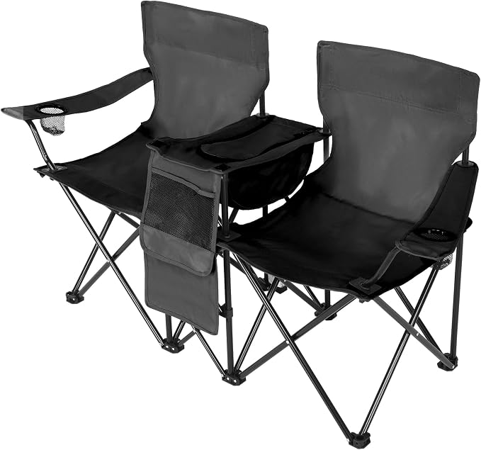 Double Folding Camping Chair with Removable Sun Umbrella and Cooler Bag, 2 Person Portable Picnic Chair for Beach, Patio, Fishing and Tailgating, 600D Oxford Fabric, Black (Black)