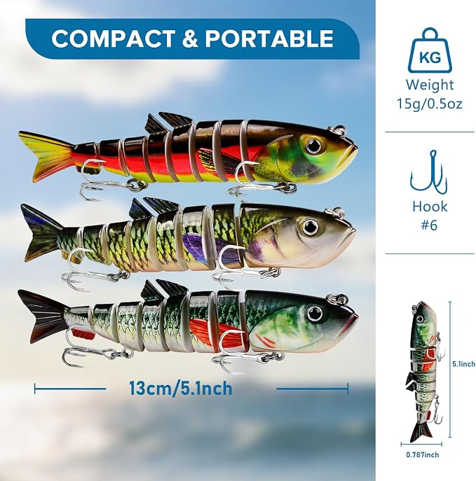 Keenjorika Fishing Lures Multi Jointed Fish Fishing Kits, Slow-Sinking Lifelike Segmented Swimbait Crankbaits, Realistic Swimming Action for Bass, Trout, Pike & Walleye, Freshwater and Saltwater