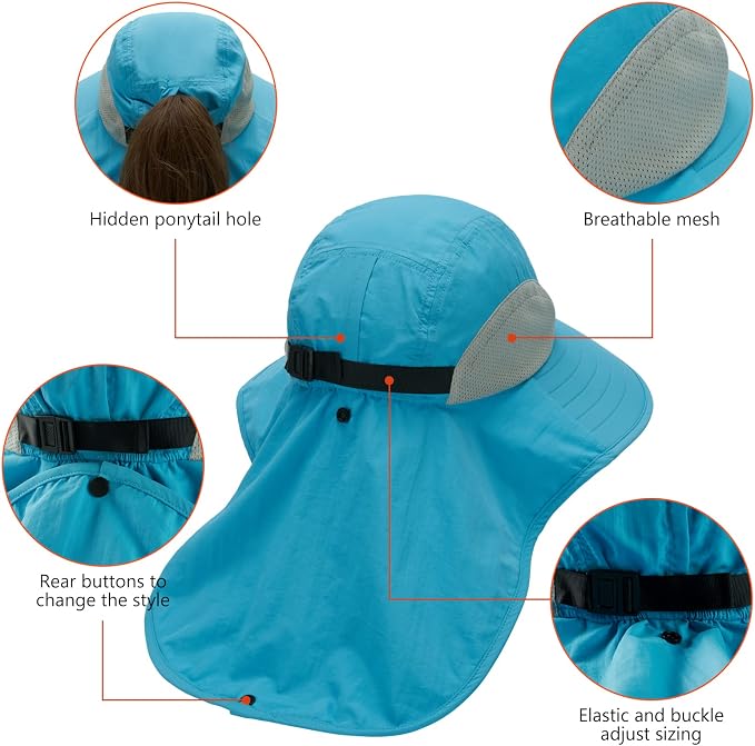 BASSDASH UPF 50+ Unisex Water Resistant Wide Brim Sun Hat with Large Neck Flap Ponytail Fishing Hat for Men Women