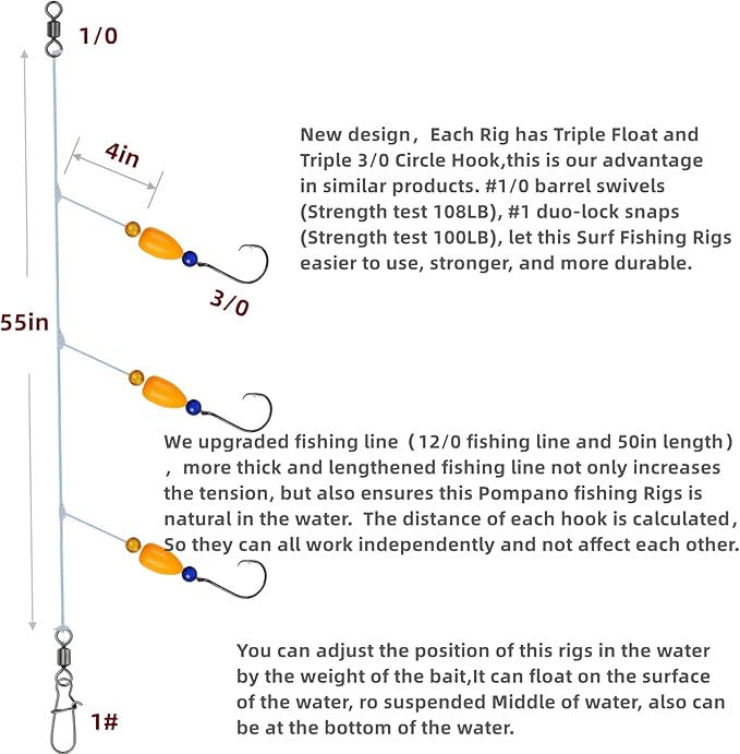 6Pcs Pompano Fishing Rigs Ready Kit，3 in 1 Float Rigs with Triple 3/0 Circle Hook for Surf Fishing，（12/0） Fishing line / 50in length/50lbTension in freshwter and Saltwater