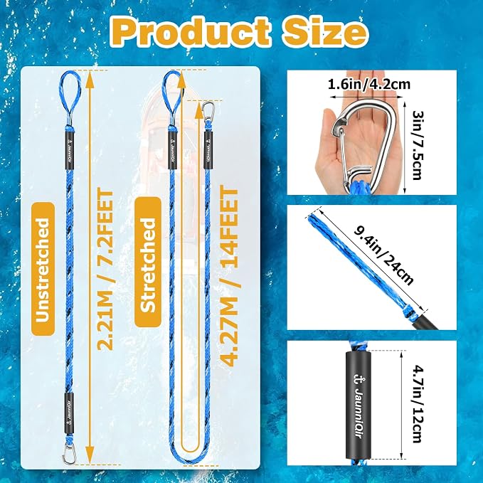 JaunniQir Bungee Dock Lines for Boats 7.2 Feet, 2 Pack Dock Lines with 316 Stainless Clips for PWC, Jet Ski, Kayak, Watercraft, Pontoon, Shock Absorbing Tie Off Downs Boat Mooring Ropes Accessories