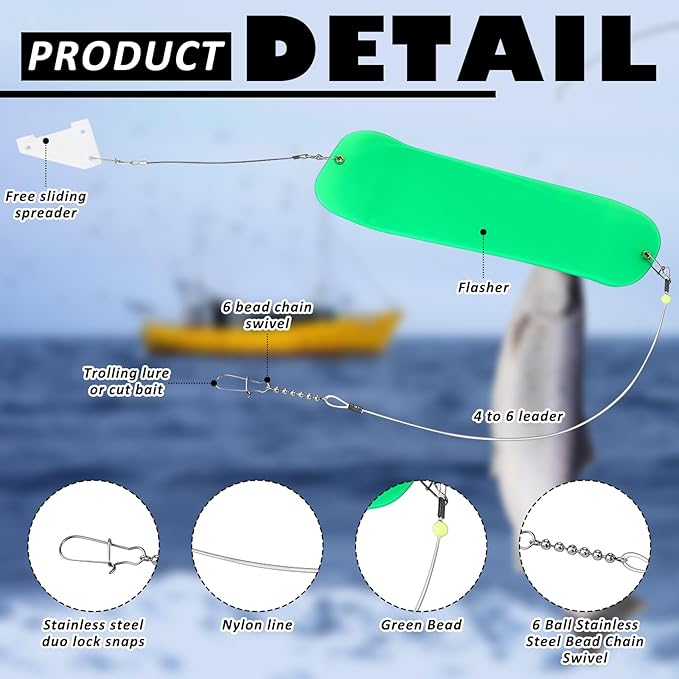 Threlaco 6 Pcs Trolling Bumper for Trolling Flashers Dodgers Fishing Leader Saltwater Leader Line Bottom Rigs Clear Nylon Surf Fishing Steel Tackle Rigs with Swivel Snaps Beads