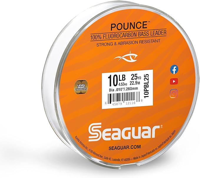 Seaguar Pounce Bass Fishing Leader Line, Freshwater, 100% Fluorocarbon, 25yd Spool, Clear, Multiple Sizes