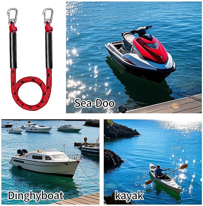 Bungee Boat Dock Line, Boat Rope with Double 316 Stainless Steel Clips Accessories for Bass Boat, Kayak, Pontoon, Watercraft, Waverunner, SeaDoo, Canoe,2Packs,4-6FT,Red&Black