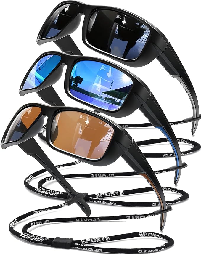 3Pack Polarized Sports Sunglasses for Men, Wrap Around Frame UV400 Goggles Sun Glasses for Cycling Fishing Driving