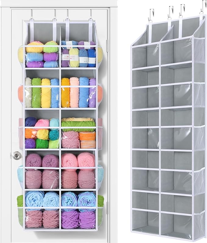 Yecaye 80lb Clear Door Hanging Yarn Storage Organizer, 10 Large Plastic Pockets & 10 Mesh Pockets Over The Door Crochet Organizer, 5 Tier Yarn Ball Storage for Knitting Needles, Gray