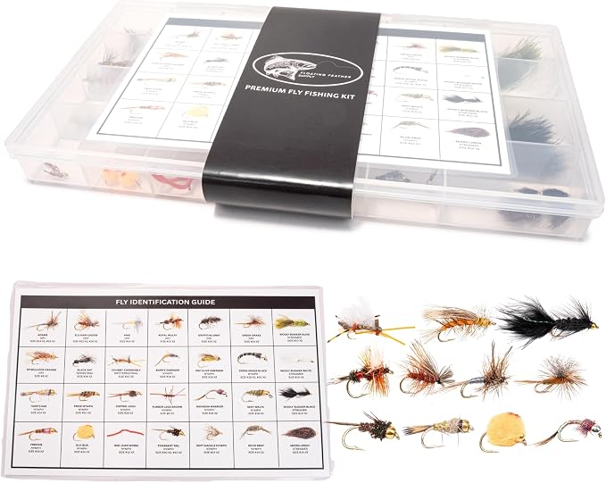 Fly Fishing Flies Kit | Hand-Tied Dry Flies, Nymphs, Streamers, Terrestrials | Waterproof Fly Box + Pattern ID Card | Trout, Bass, Panfish | Beginner Friendly Gift Set