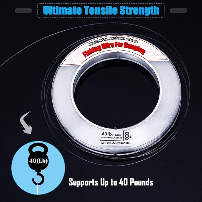 Clear Fishing Wire, Acejoz 656FT Fishing Line Clear Invisible Hanging Wire Strong Nylon String Supports 40 Pounds for Balloon Garland Hanging Decorations