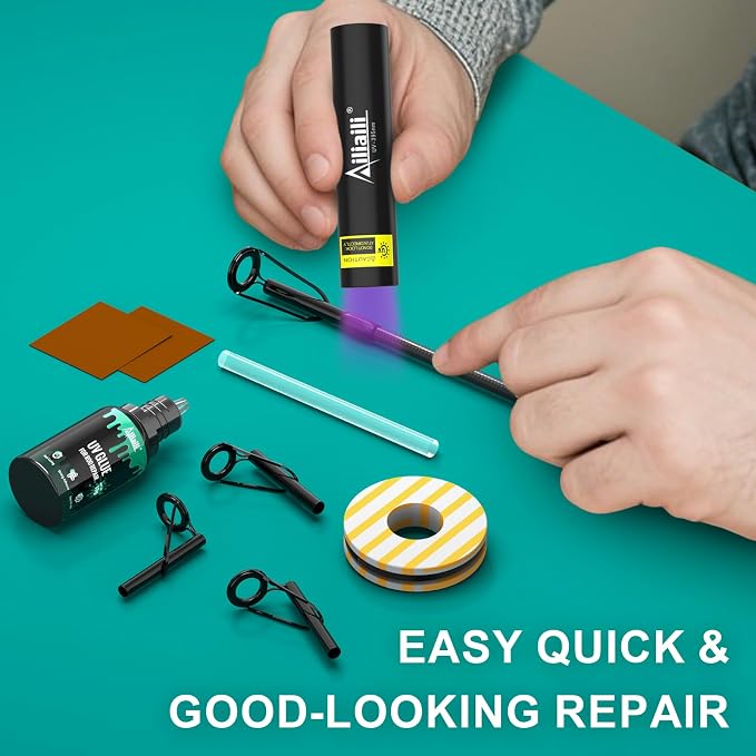 Fishing Rod Tip Repair Kit, Complete Supplies for Fishing Pole Tip Replacement with 10 Sizes Top Eyelets, Glue, UV Flashlight, Wrapping Thread, Easy&Quick Repair Broken Fishing Accessories