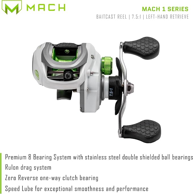 Lew’s MACH 1 Baitcast Fishing Reel, 7+1 Bearings, 7.5:1 Gear Ratio, Graphite Frame and Sideplate, Multi-Setting Brake, Speed Gears, White/Gray/Green