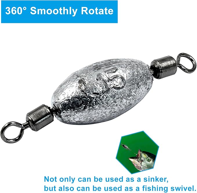 Uenhoy Fishing Weights Inline Trolling Fishing Sinker Tackle with Inner Swivels, Oval Drop Casting Fishing Weight Sinkers