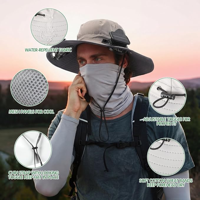 Syhood Solar Powered Fan Hat Neck Gaiter Arm Sleeves Sun Bucket Hat with Fan Cooling Wide Brim Hats for Fishing Hiking