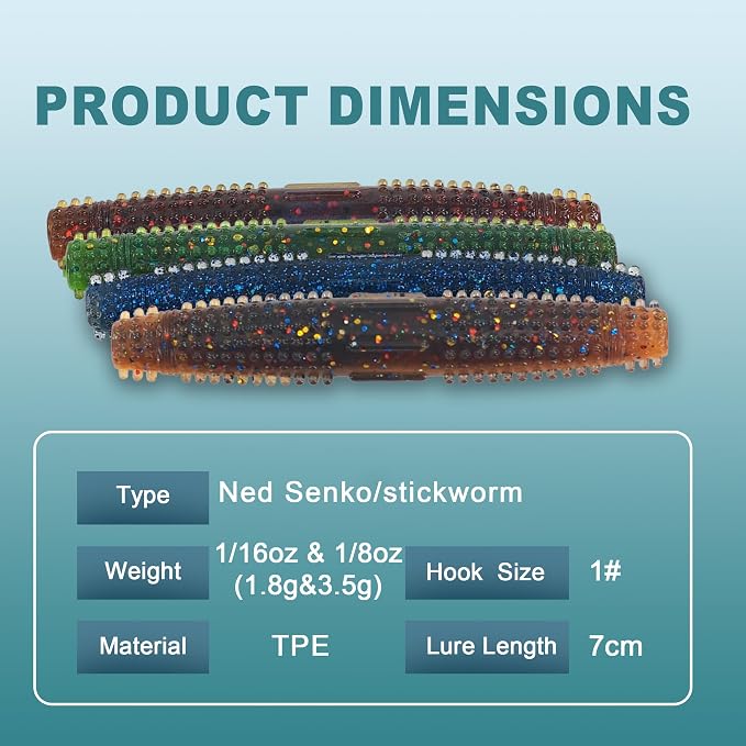 Senko Worms for Bass Fishing, Wacky Worms, Reaction Lure, Soft Plastic Bait for Ned rig, Fishing Lure Kit for Freshwater Bass