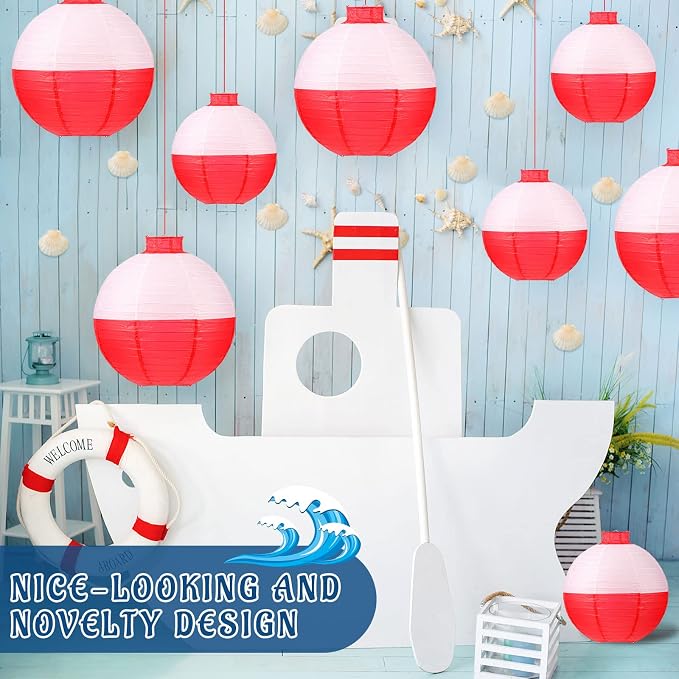 Set of 12 Fishing Bobber Round Paper Hanging Lanterns Fishing Birthday Decorations Hanging Paper Lanterns for Fishermen Theme Party Decoration Supplies, 12 Inches, 8 Inches (Red and White)