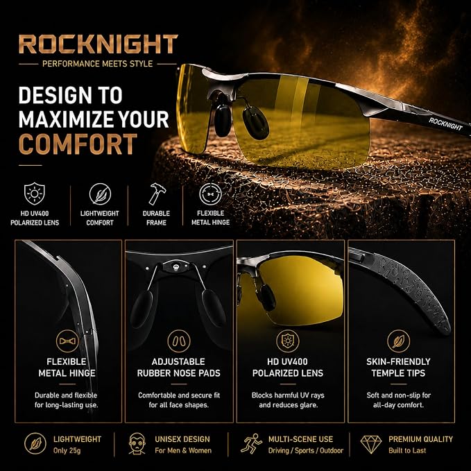 ROCKNIGHT Polarized Rectangular Sunglasses for Men Driving UV400 Protection Lightweight Al‑Mg Frame