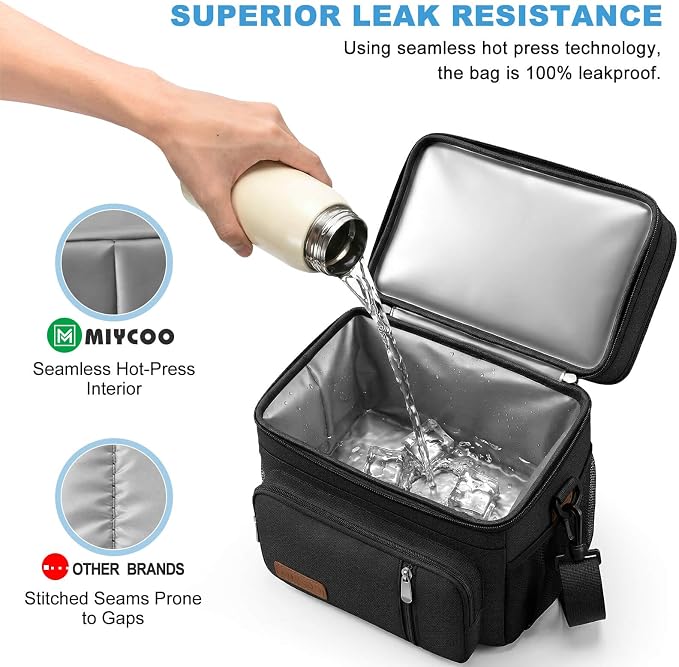 MIYCOO Lunch Bag & Lunch Box for Men Women, Double Deck Leakproof Insulated Soft Large Adult Camping Cooler bag for Work, Beach, Picnic, Travel (Black, 15L)