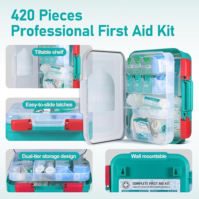 General Medi 420 Pieces Professional First Aid Kit - HardCase First Aid Box - Contains Premium Medical Supplies for Travel, Home, Office, Vehicle, Camping, Workplace & Outdoor