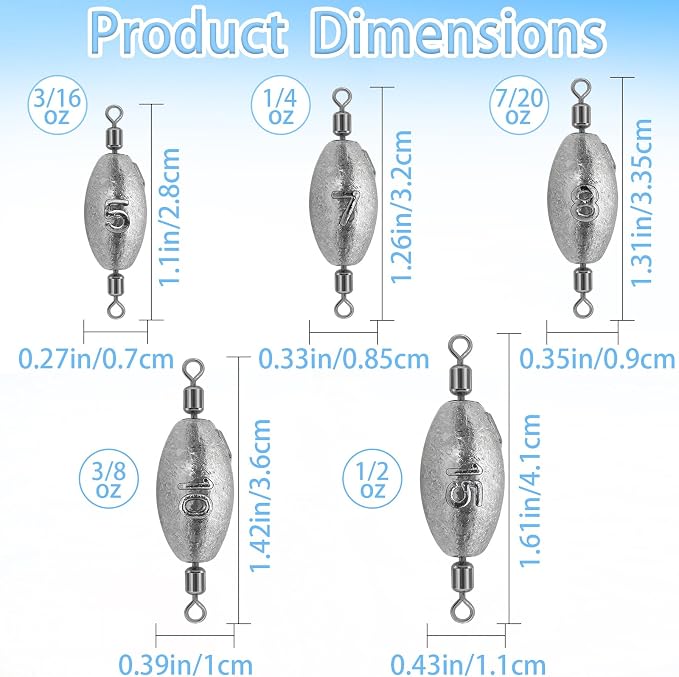 Fishing Weights Sinkers Inline Trolling Fishing Sinkers Egg sinkers with Inner Swivels Oval Drop Lead Fishing Weights for Saltwater Freshwater Fishing