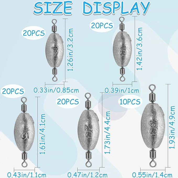 Fishing Weights Sinkers Inline Trolling Fishing Sinkers Egg sinkers with Inner Swivels Oval Drop Lead Fishing Weights for Saltwater Freshwater Fishing