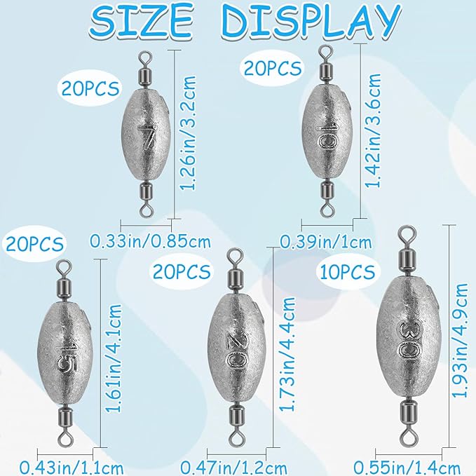 Fishing Weights Sinkers Inline Trolling Fishing Sinkers Egg sinkers with Inner Swivels Oval Drop Lead Fishing Weights for Saltwater Freshwater Fishing