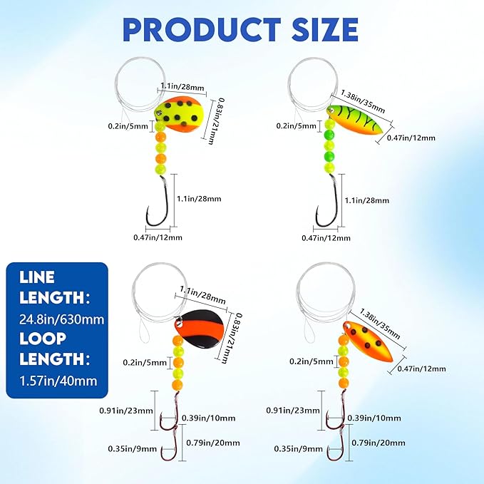 Eupheng Hand-Tied Walleye Rigs 15LB Spinner Crawler Harness with Colorado & Willow Blades, Single/Double Sharp Hooks, Pre-Rigged Bait Rigs for Walleye, Bass, Trout, Salmon – 6PCS/12PCS Kit