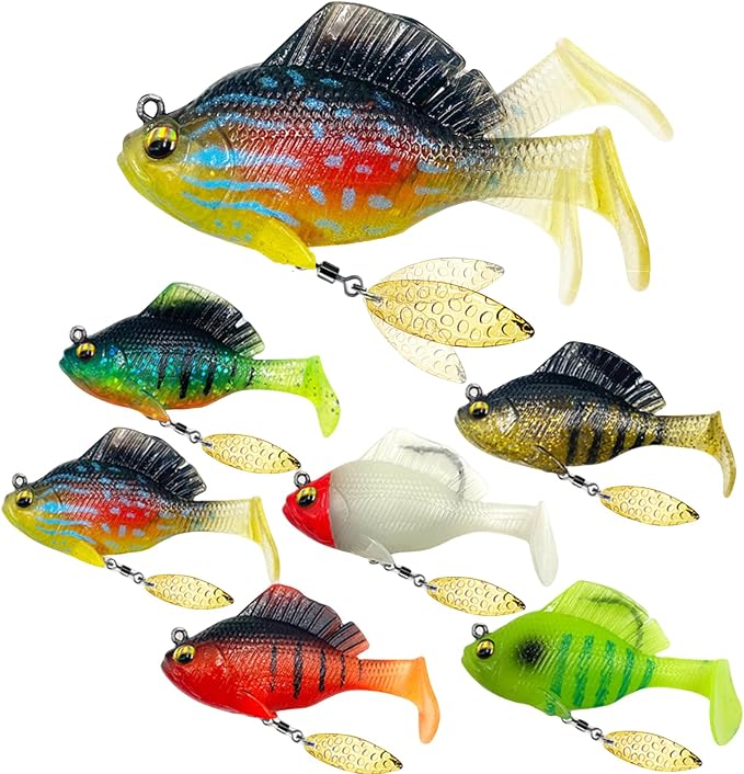 6Pcs Pre-Rigged Jig Head Soft Fishing Lures，Paddle Tail Swimbaits/3D Eyes/Spinner Blades for Bass Fishing,Hidden Ultra-Sharp Hook in The top fin,Fishing Bait for Freshwater Saltwater