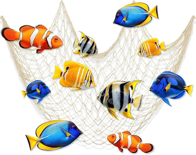 Silipull 11 pcs Tropical Fish Party Decorations Kit Fishing Net Cute Cardstock Photo Prop for Under The Sea Decor Birthday Sea Animal Indoor Outdoor Dessert Table Party Supply