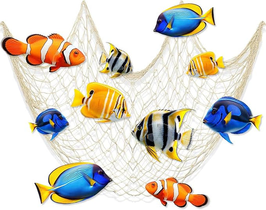 Silipull 11 pcs Tropical Fish Party Decorations Kit Fishing Net Cute Cardstock Photo Prop for Under The Sea Decor Birthday Sea Animal Indoor Outdoor Dessert Table Party Supply