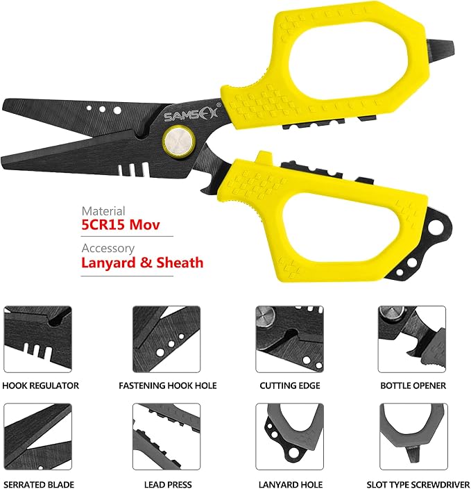 SAMSFX Fishing Braid Line Scissors Shears with Titanium Coating and Dual-Serrated Blade, Kraton Handle, Arrives with Hard Sheath and Coiled Lanyard (Yellow Kraton Handle)