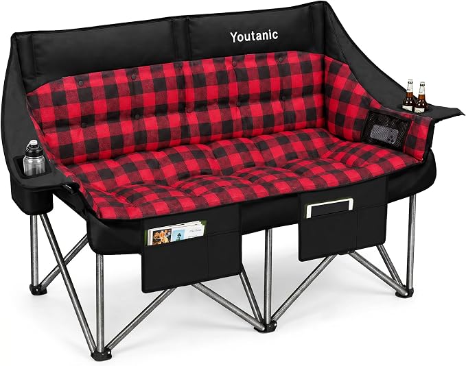 Youtanic 60" Extra Double Camping Chair, 700lbs Heavy Duty Padded Loveseat for Adults, Oversized 2 Person Folding Camp Couch with Dual Cup Holders, Portable Plaid Lawn Chair for Outside, Sports, Red