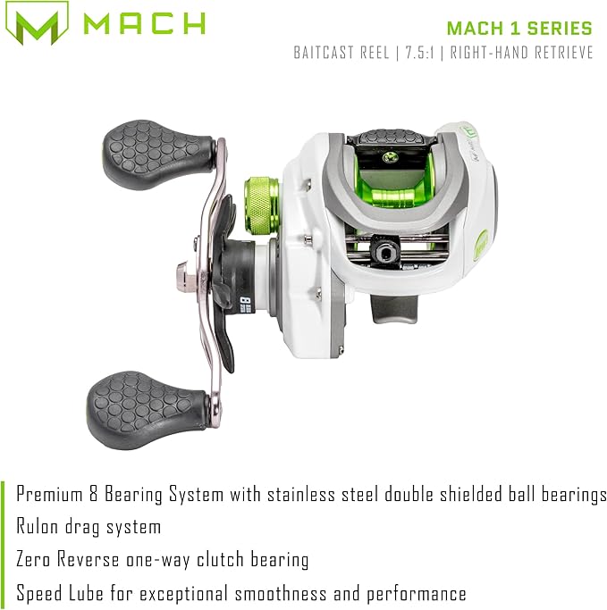 Lew’s MACH 1 Baitcast Fishing Reel, 7+1 Bearings, 7.5:1 Gear Ratio, Graphite Frame and Sideplate, Multi-Setting Brake, Speed Gears, White/Gray/Green