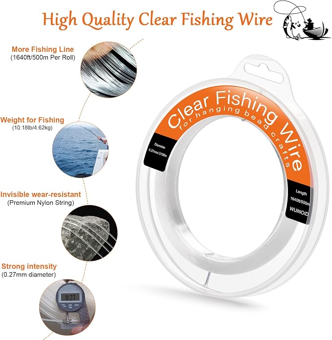 Clear Fishing Line Wire 755 ft, Invisible Monofilament Fishing Line Wire, Nylon String for Hanging Balloons Garland Crafts Picture Decorations, Clear String Threads Cords WUINOID