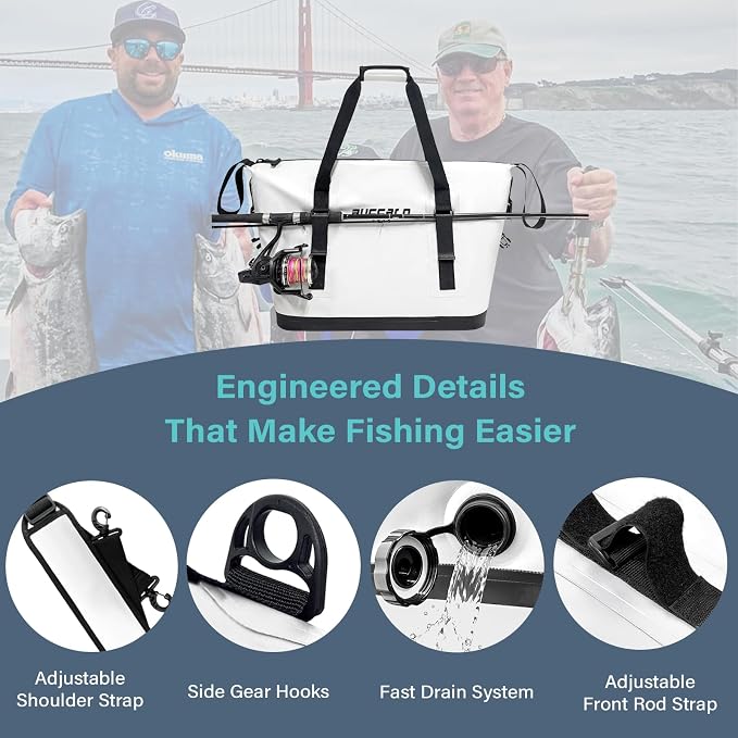 Buffalo Gear Fish Cooler Bag – 37Qt Seamless Insulation Fish Kill Bag, Keeps Ice Cold Up to 36 Hours, Foldable & Waterproof with Rod Attachment Straps & Gear Loops, White