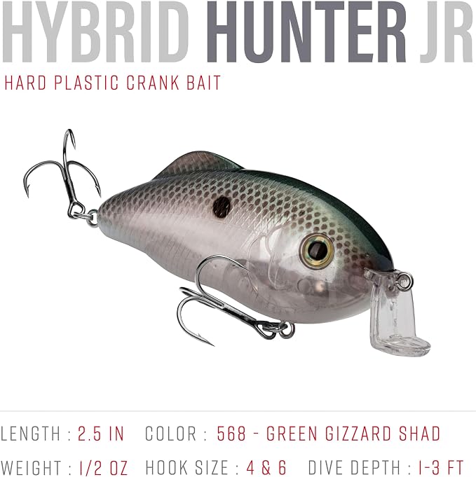 Strike King Hybrid Hunter Shallow Jr. Fishing Lure, Shallow Diving Crankbait, 90-Degree Bill, 3D Eyes, Loud Rattle, Dives 1 to 3-Feet,Size 4 & 6 Treble Hooks