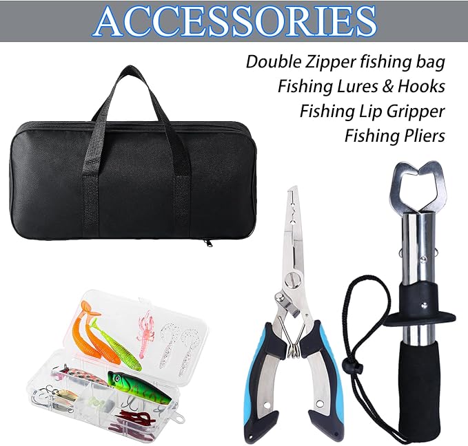 Tripquips Fishing Rod, 2PCS Telescopic Fishing Rod and Reel Combo with Fishing Pliers and Lip Gripper, Pre-Loaded Spinning Reel Combo, Fishing Pole with Carrier Bag Fishing Gear