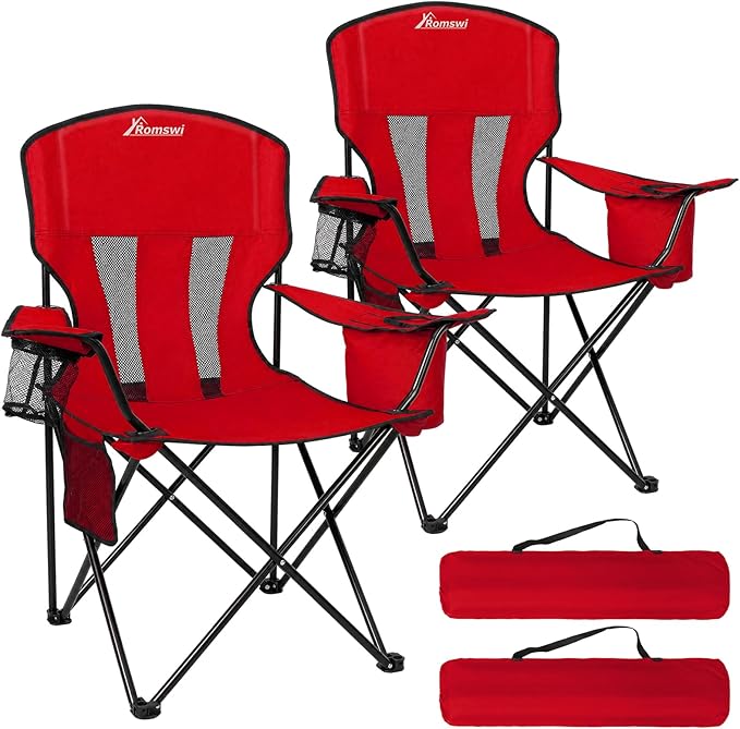 Camping Chairs for Adults 2 Pack, Folding Chair with 4-Can Cooler Bag & Cup Holder, Portable Heavy Duty Outdoor Chair for Camping, Beach, Lawn, Fishing, Red