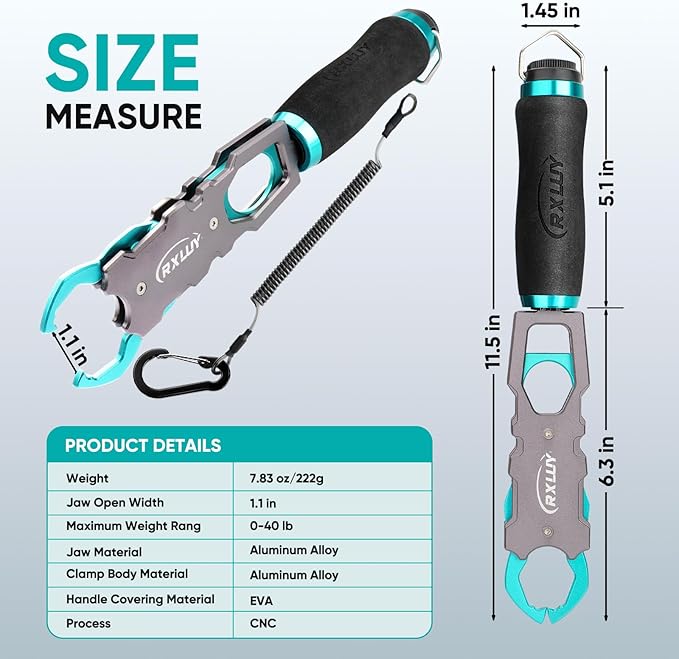 11.5" Fish Lip Gripper with Scale, Max 40lbs Scale, 360° Swivel Non-Slip Handle, Fish Grabber Control Tool for Safe, Hook Removal, Easy Catch & Release, Fishing Gifts for Men Women