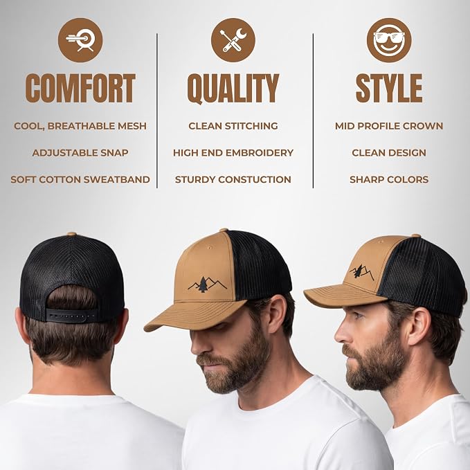 LINDO Trucker Hat [ Great Outdoors Design ] for Men and Women: Mid Profile Cap with Breathable Mesh Back and Adjustable Snap