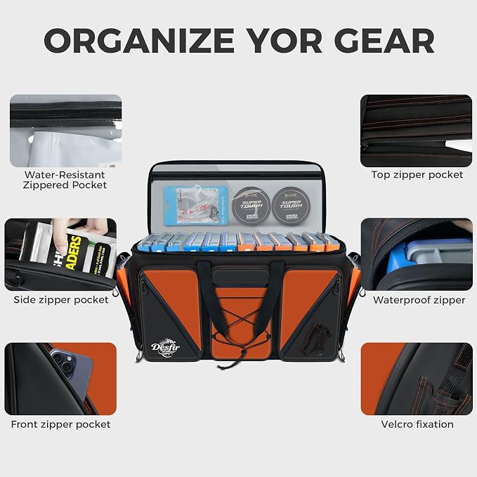 Handor Waterproof Fishing Tackle Bag, Large Saltwater Resistant Storage, 1000D PVC Material, Holds 3600 3700 Trays (Black and Orange, Large Bag)