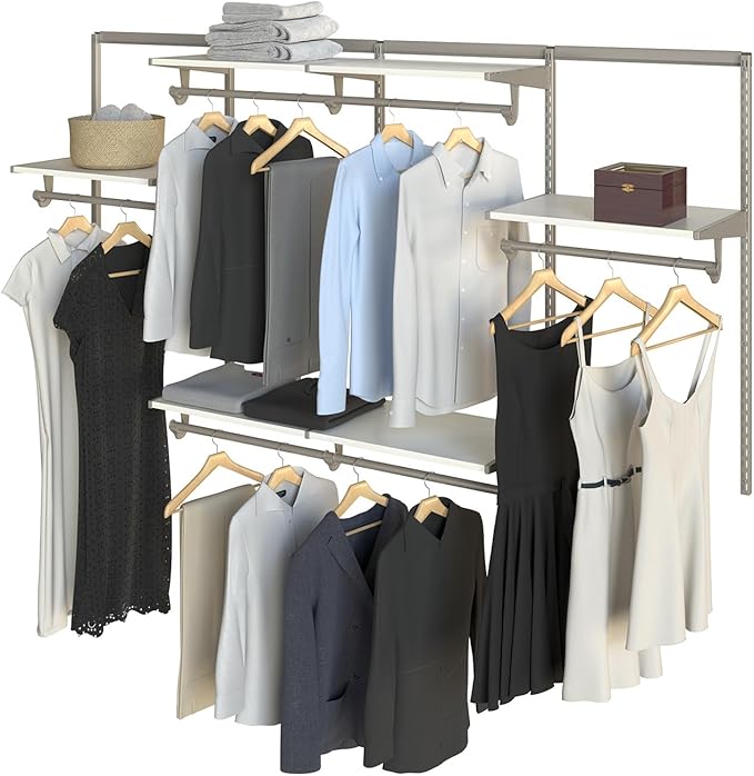 Closet Culture Steel Closet Organization System, Mounted Storage Kit with Shelves and Hanging Rods, 8 ft., 0300-KITA-8WT. White Finish