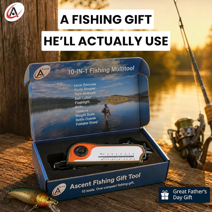 Fisherman Gift Tool Fishing Multitool - Hook Remover, Scale Scraper, Tape Measure, Bait Cutter, Flashlight, Knife, Scissors, Weight Scale, Bottle Opener, Gift Idea for Men Women Kids