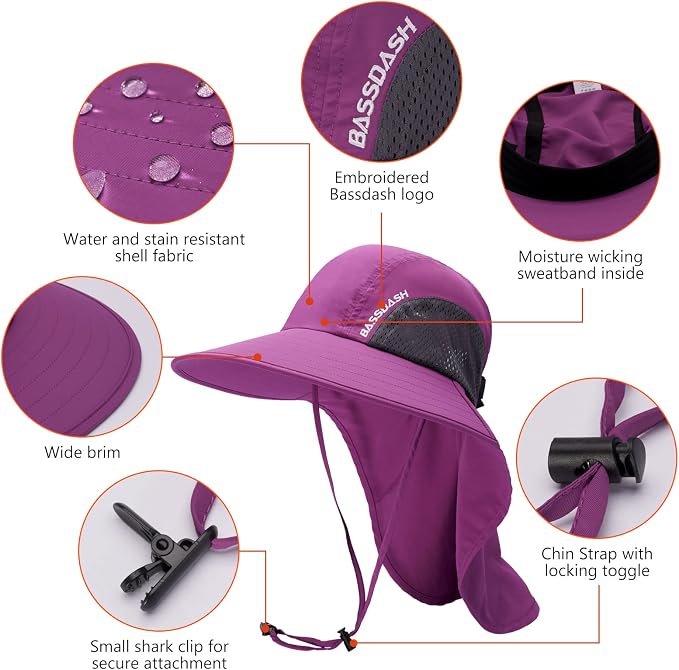 BASSDASH UPF 50+ Unisex Water Resistant Wide Brim Sun Hat with Large Neck Flap Ponytail Fishing Hat for Men Women