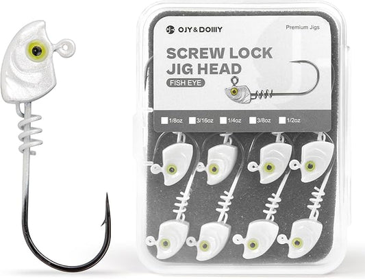 15-Pack Screw Lock Swimbait Jig Heads – 3D Chartreuse Eyes 1/8 3/16 1/4 3/8 1/2 oz, 3/0 & 4/0 Fishing Hooks