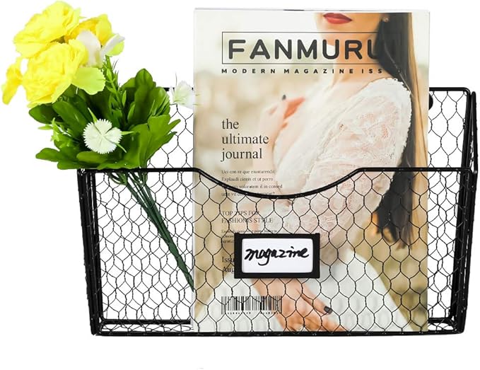 PAG 3 Pockets Hanging File Holder Wall Mount Mail Organizer Metal Chicken Wire Magazine Rack with Tag Slot, Black